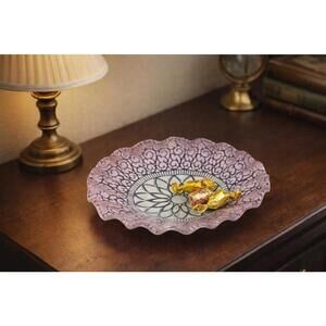 Sydenstricker USA 1980s Embassy Pink Lace Ruffled Art Glass Dish Plate, 8”